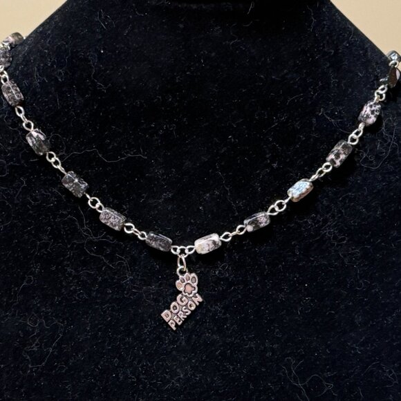 Genuine Gemstone Black Pink Rhodonite w/ Dog Person Pendant Short Necklace - Picture 3 of 15